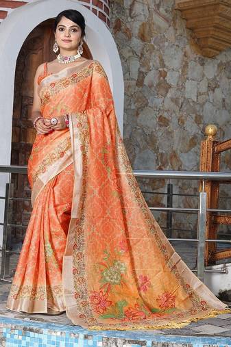 Orange pure cotton printed printed saree with blouses