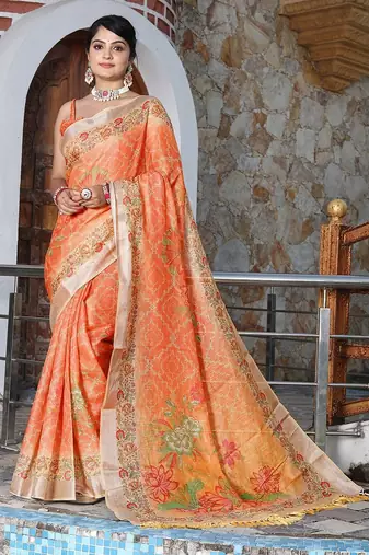 Orange pure cotton printed printed saree with blouses