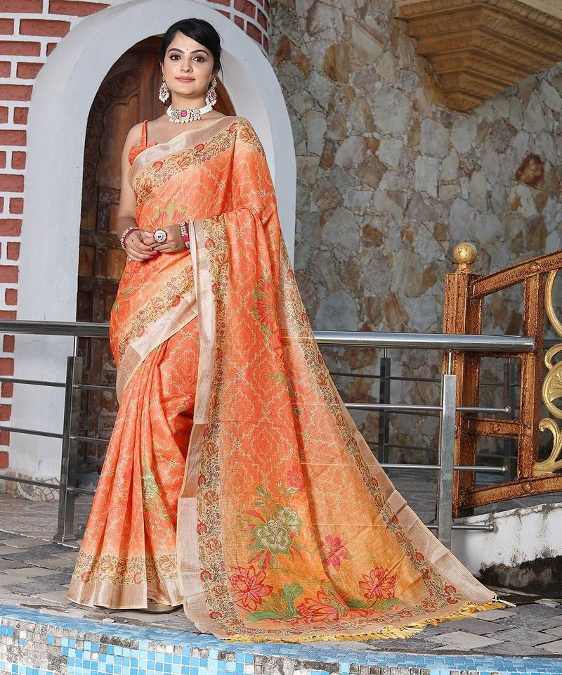Orange pure cotton printed printed saree with blouses