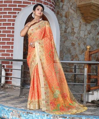 Orange pure cotton printed printed saree with blouses 2