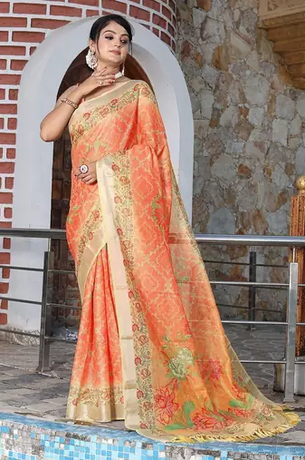 Orange pure cotton printed printed saree with blouses