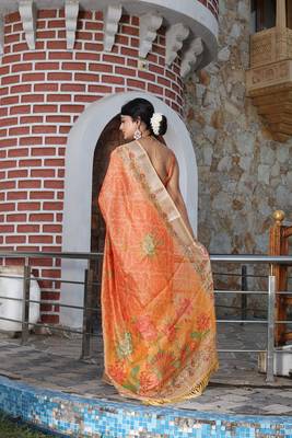 Orange pure cotton printed printed saree with blouses 3