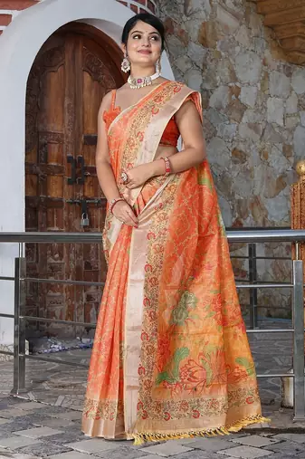 Orange pure cotton printed printed saree with blouses