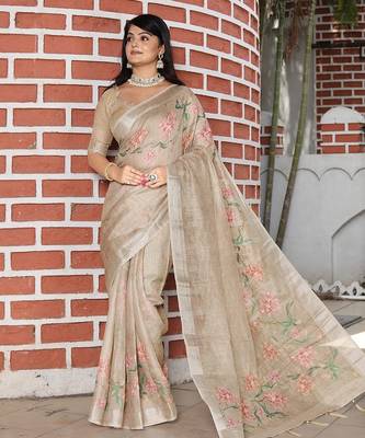 Beige pure cotton printed printed saree with blouses 2