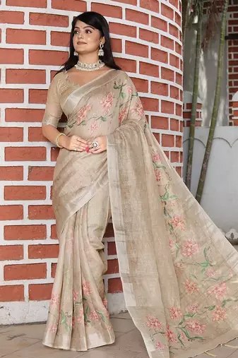 Beige pure cotton printed printed saree with blouses