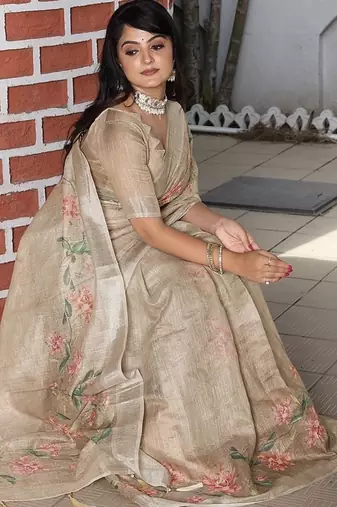 Beige pure cotton printed printed saree with blouses