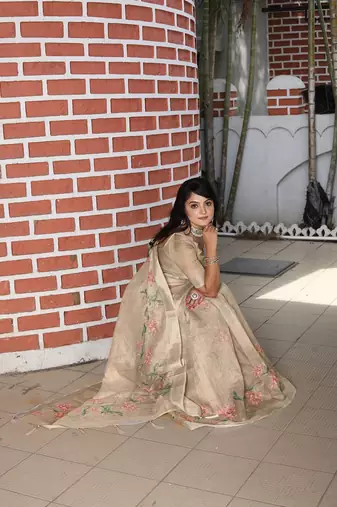 Beige pure cotton printed printed saree with blouses
