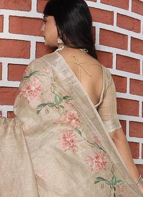 Beige pure cotton printed printed saree with blouses 5