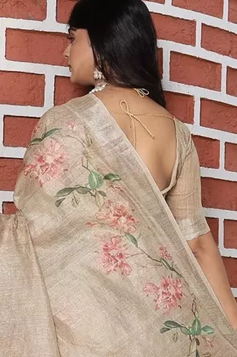 Beige pure cotton printed printed saree with blouses