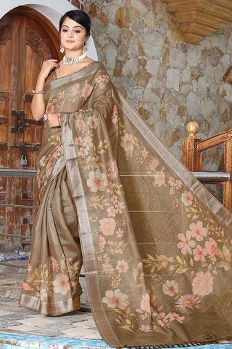 Brown pure cotton printed printed saree with blouses