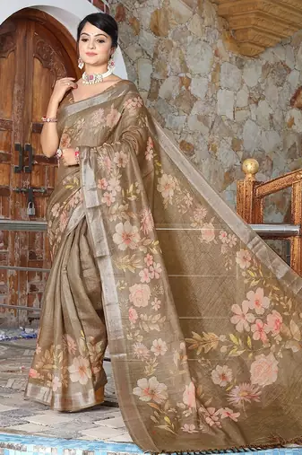 Brown pure cotton printed printed saree with blouses