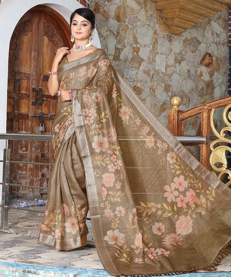 Brown pure cotton printed printed saree with blouses