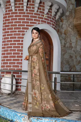 Brown pure cotton printed printed saree with blouses