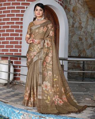 Brown pure cotton printed printed saree with blouses 5