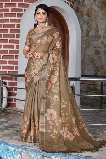 Brown pure cotton printed printed saree with blouses