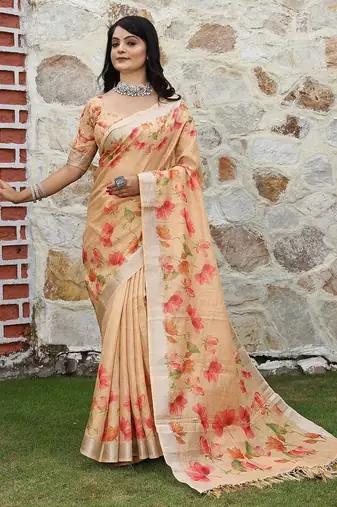 Orange pure cotton printed printed saree with blouses