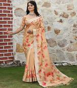 Orange pure cotton printed printed saree with blouses