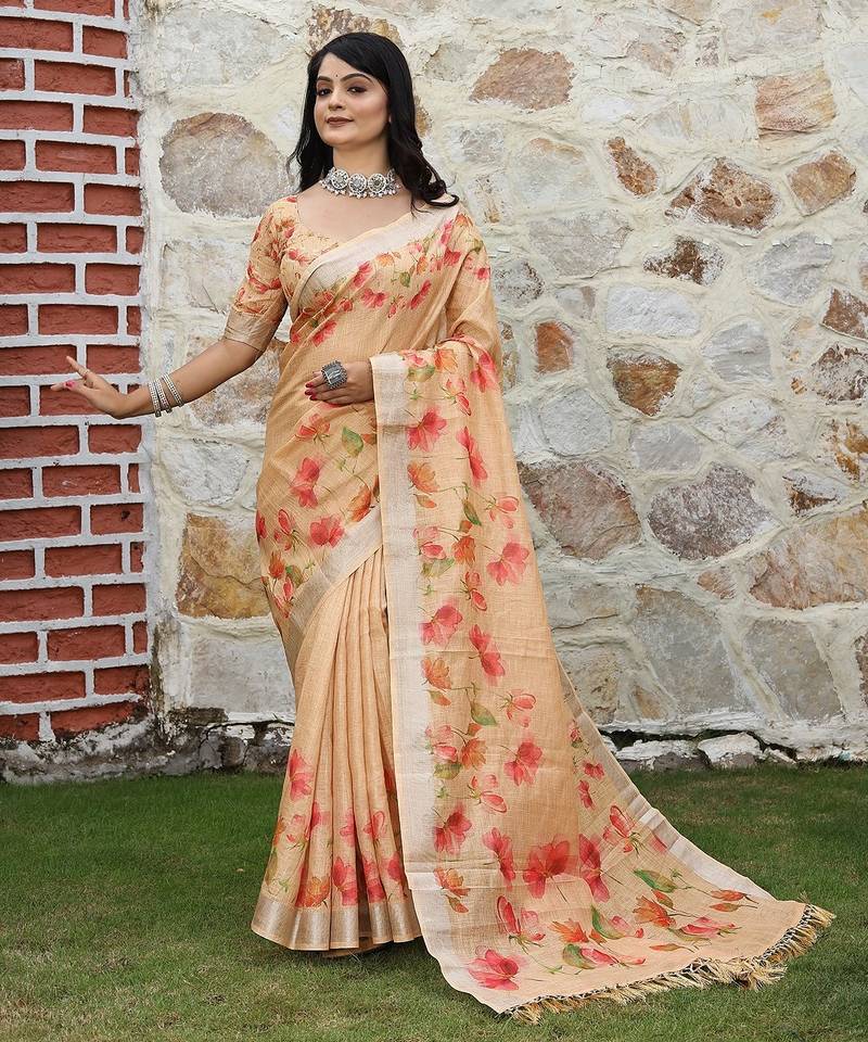 Orange pure cotton printed printed saree with blouses