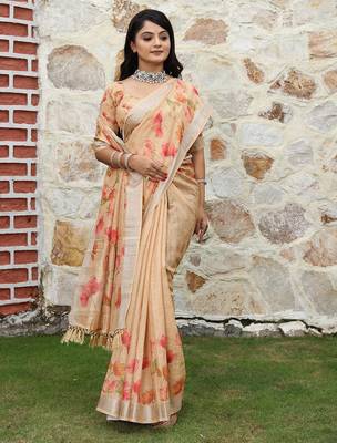 Orange pure cotton printed printed saree with blouses 3