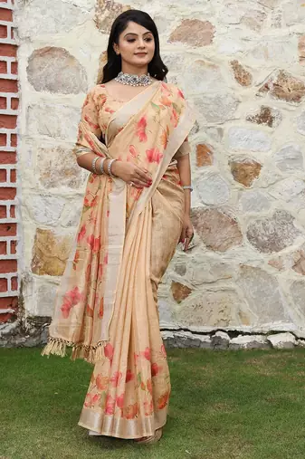 Orange pure cotton printed printed saree with blouses