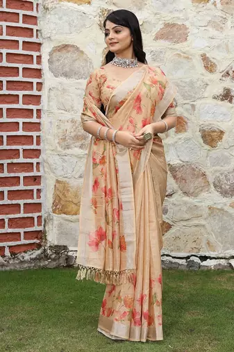Orange pure cotton printed printed saree with blouses