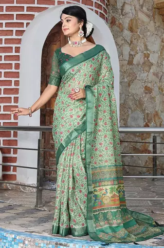 Green pure cotton printed printed saree with blouses
