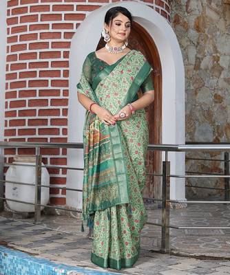Green pure cotton printed printed saree with blouses 4