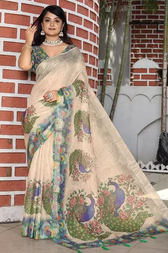 Beige pure cotton printed printed saree with blouses