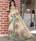 Beige pure cotton printed printed saree with blouses