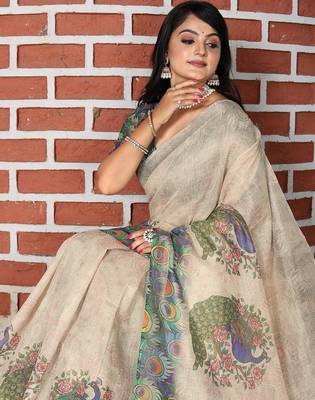 Beige pure cotton printed printed saree with blouses 4