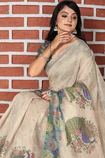 Beige pure cotton printed printed saree with blouses