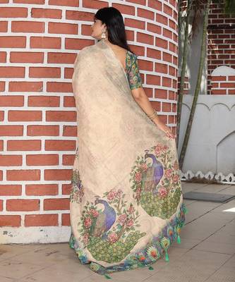 Beige pure cotton printed printed saree with blouses 5