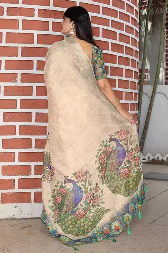 Beige pure cotton printed printed saree with blouses