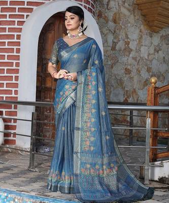 Blue pure cotton printed printed saree with blouses 1