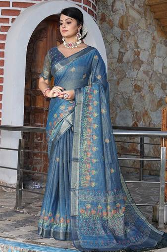 Blue pure cotton printed printed saree with blouses
