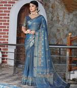 Blue pure cotton printed printed saree with blouses