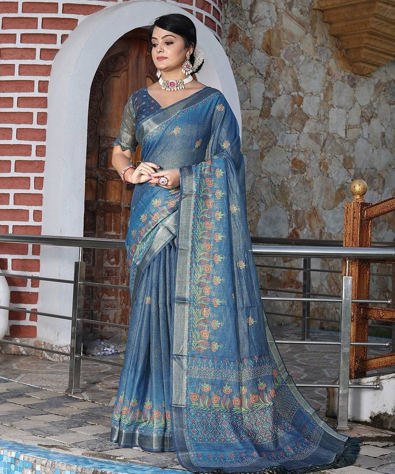 Blue pure cotton printed printed saree with blouses