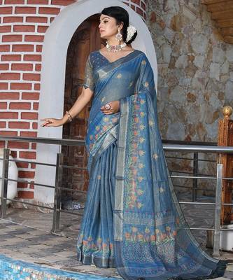 Blue pure cotton printed printed saree with blouses 2