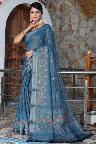 Blue pure cotton printed printed saree with blouses
