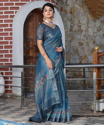 Blue pure cotton printed printed saree with blouses 4