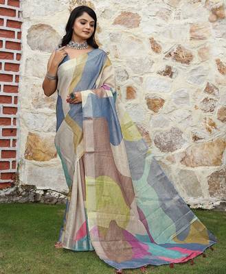 Blue pure cotton printed printed saree with blouses 1