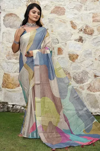 Blue pure cotton printed printed saree with blouses