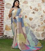 Blue pure cotton printed printed saree with blouses