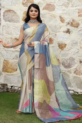 Blue pure cotton printed printed saree with blouses