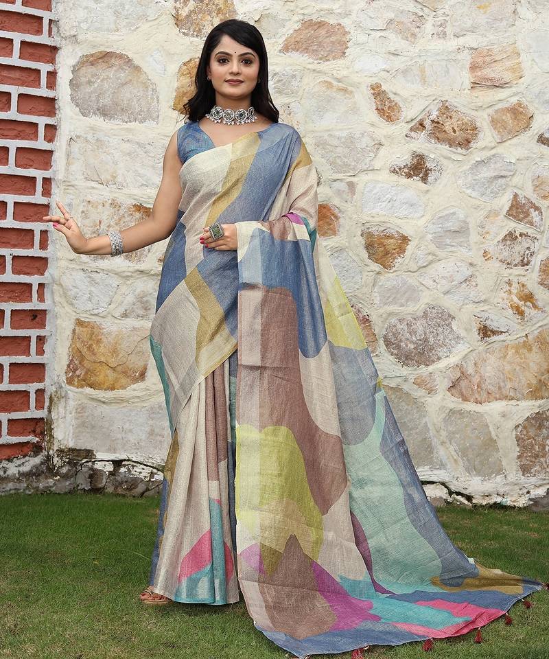 Blue pure cotton printed printed saree with blouses