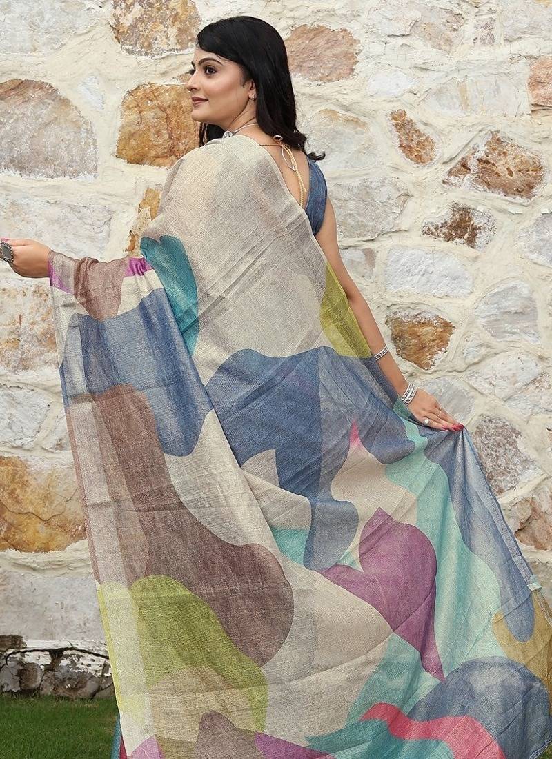 Blue pure cotton printed printed saree with blouses