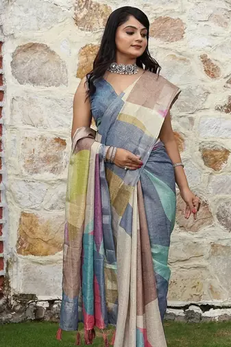 Blue pure cotton printed printed saree with blouses