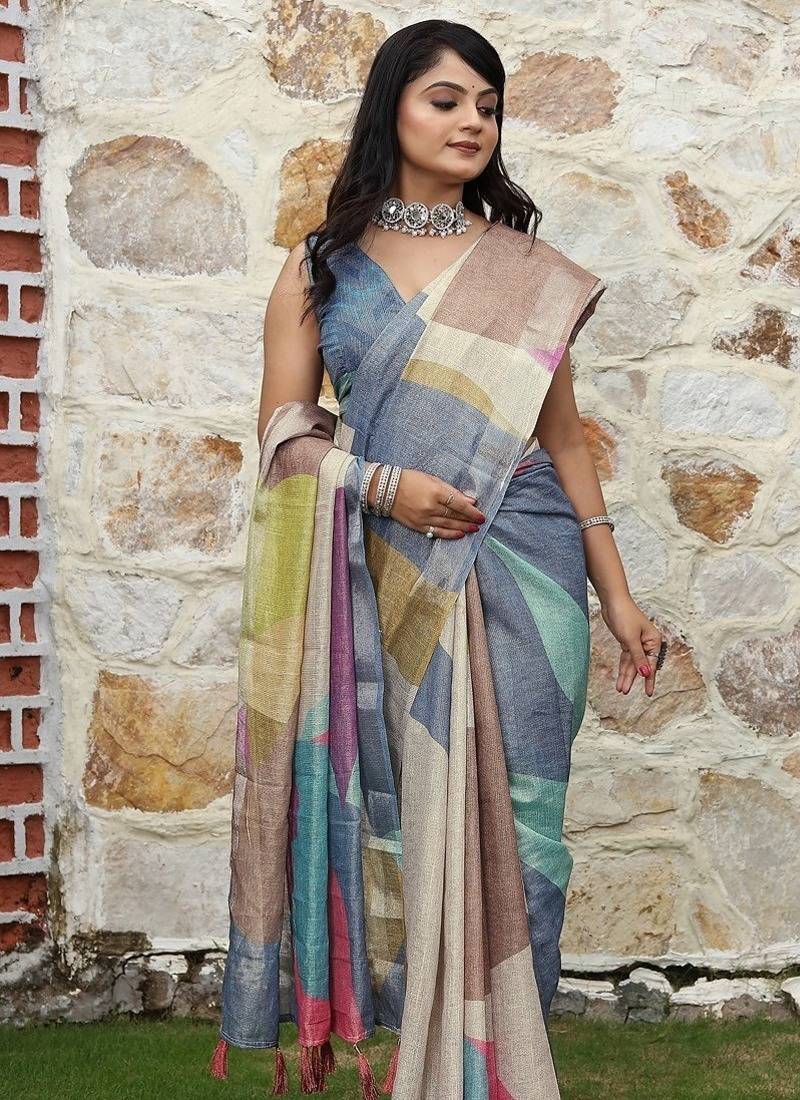 Blue pure cotton printed printed saree with blouses