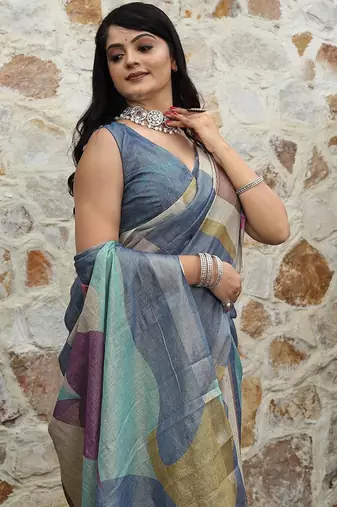 Blue pure cotton printed printed saree with blouses