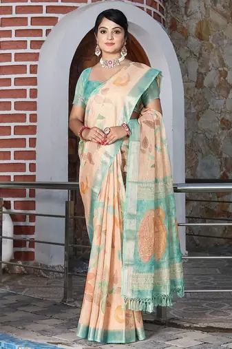 Cream pure cotton printed printed saree with blouses